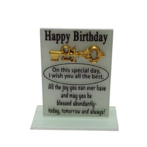 Glass Plaque Happy Birthday On T/Spec 11X10cm