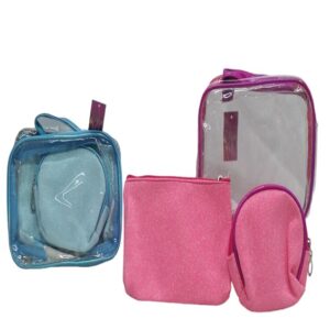 Glitter See Through 3 Piece Make Up Bag (Blue/Pink)